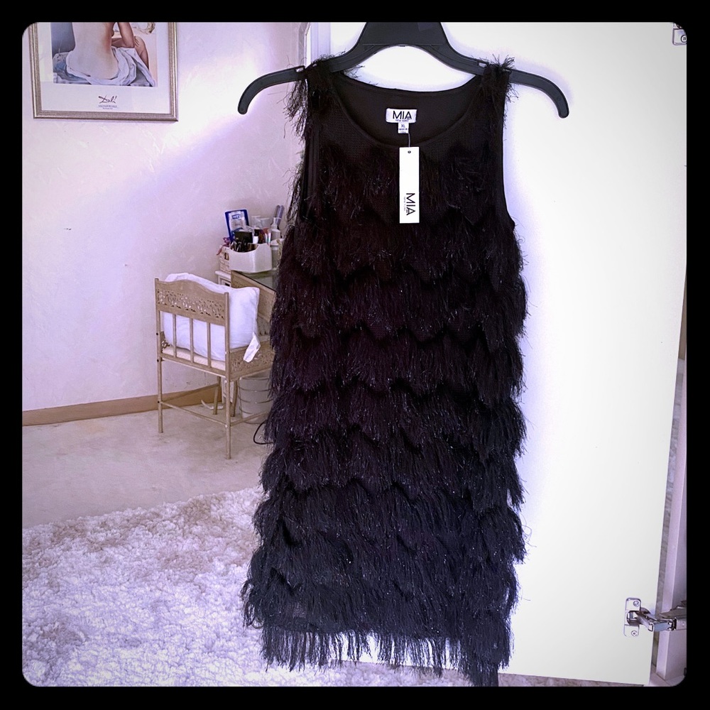 Mia NY couture black faux fur/fringe dress GIRLS